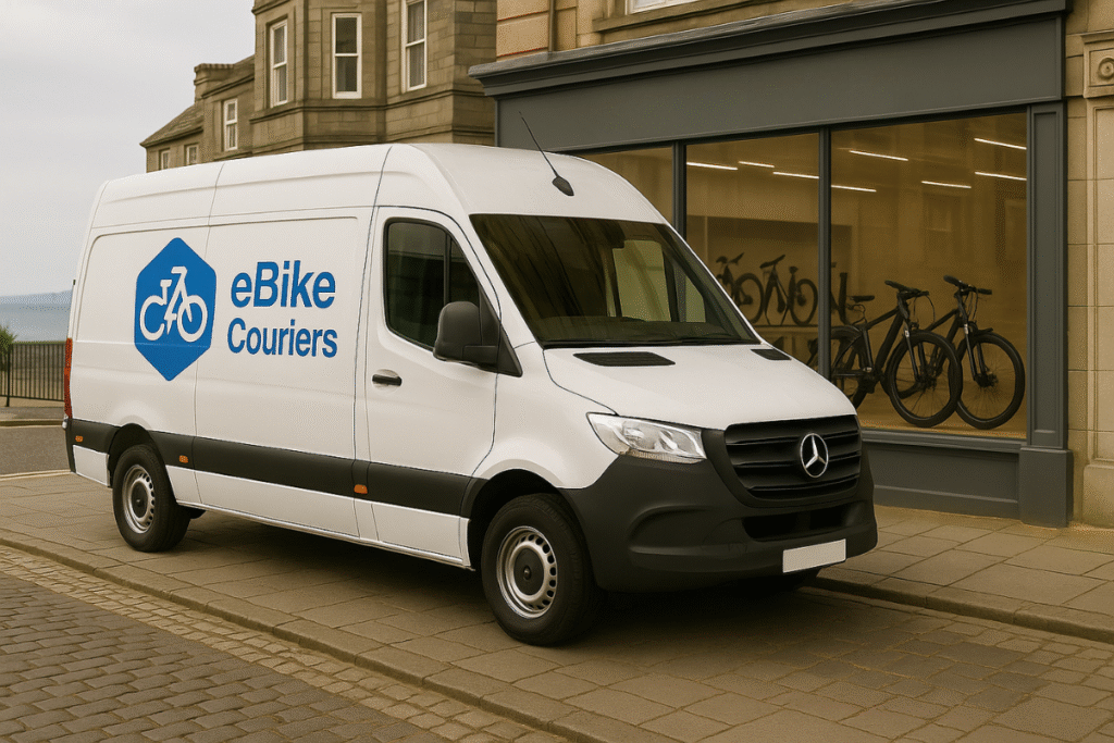 ebike couriers van parked in front of e-bike shop