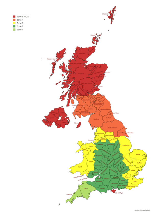 ebike couriers UK map of delivery zones
