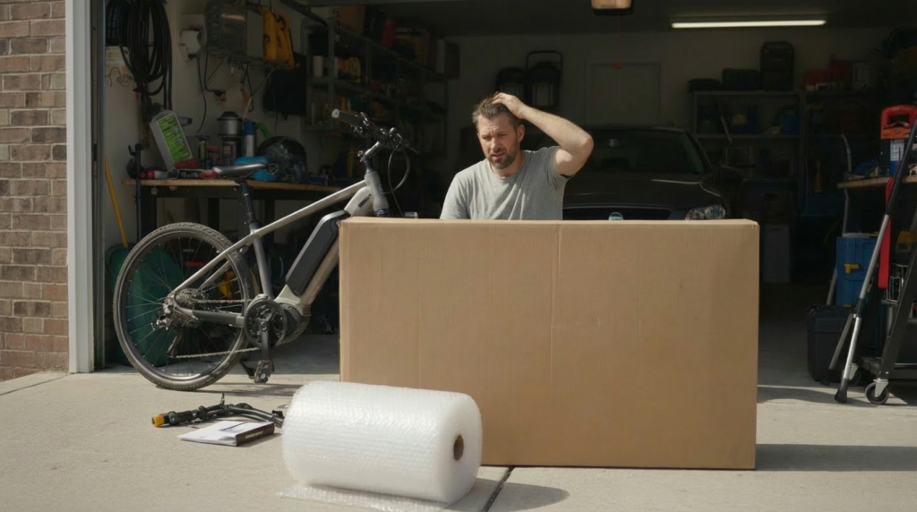 a man in an open garage looking frustrated trying to pack an e-bike