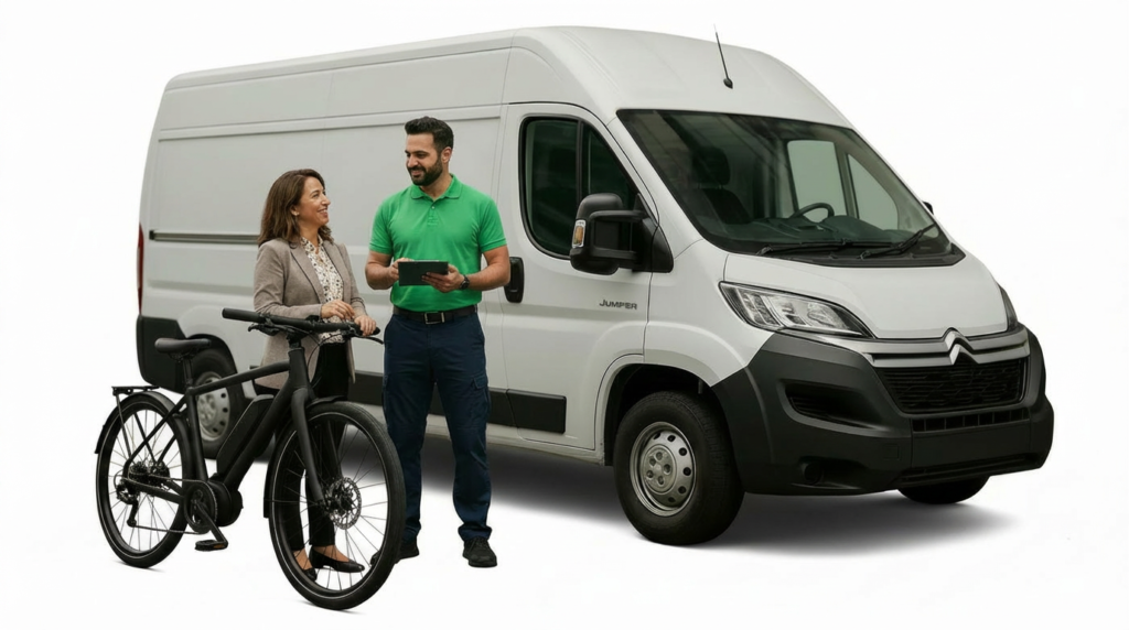 a white van with the driver handing over an e-bike to a smiling customer - no box bike delivery