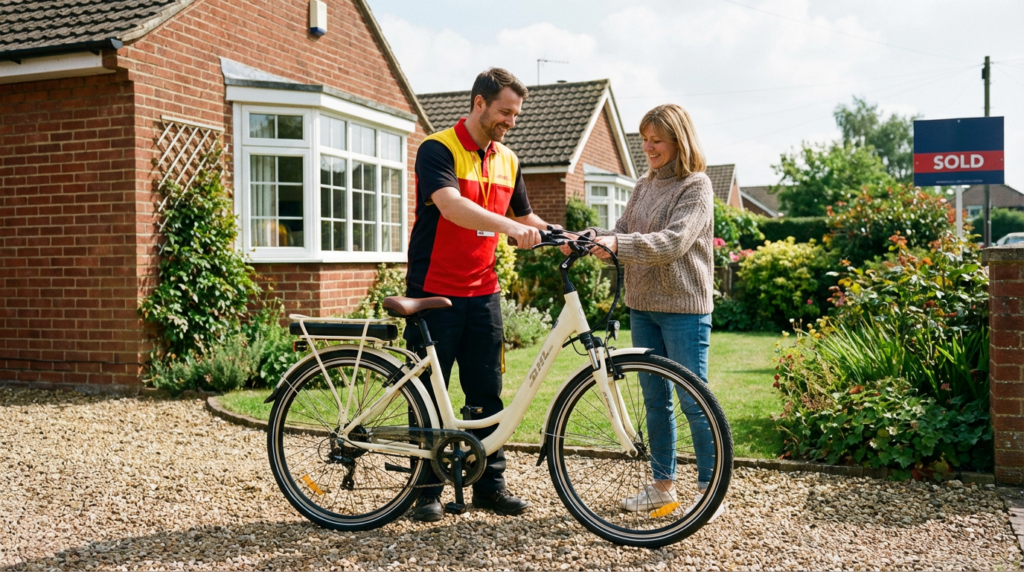 a happy customer receiving a no box e-bike delivery