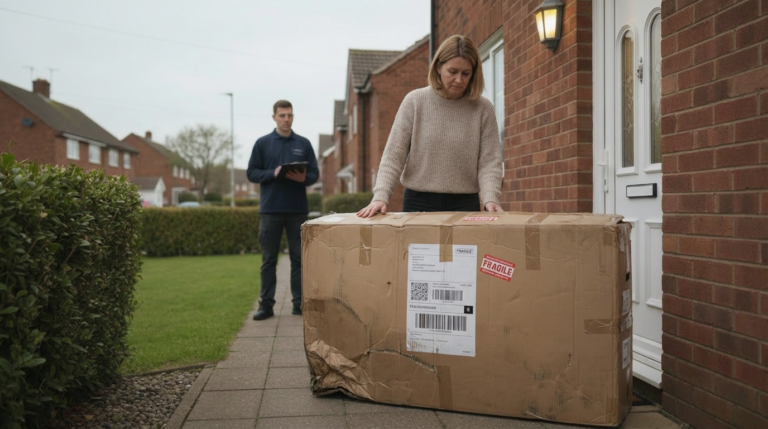 a woman looking dissapointed at a bicycle box with visible external damage