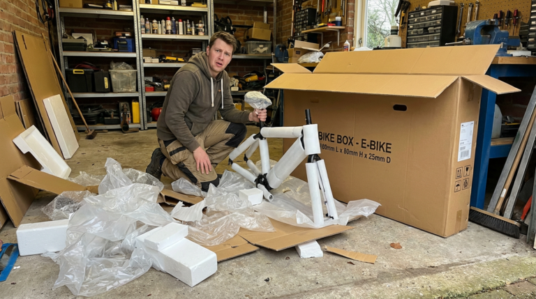 a man in a garage looking puzzled after unboxing and trying to assemble a bike - benefits of no bike delivery
