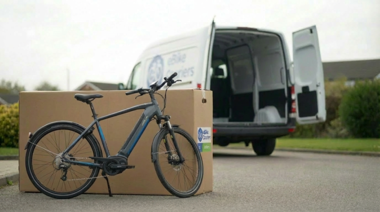 an ebike in front a bike box behind a van - how to ship an ebike